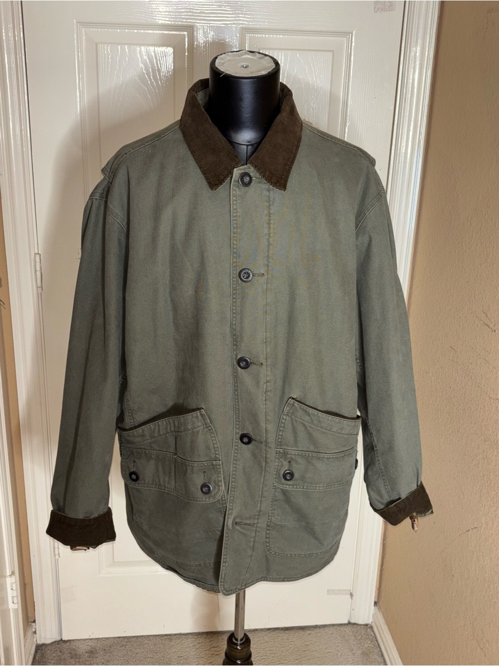 Orvis Chore Coat Barn Jacket Corduroy Collar Olive Green Button Up Mens XXL